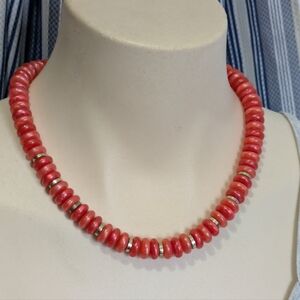 Elegant Coral/Pink & Gold Beaded Necklace 18" Boho Vintage Bohemian
